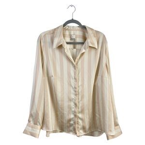 A New Day XXL Blouse NWT Pinkish Beige Striped Satin Button Up Long Sleeve Shirt